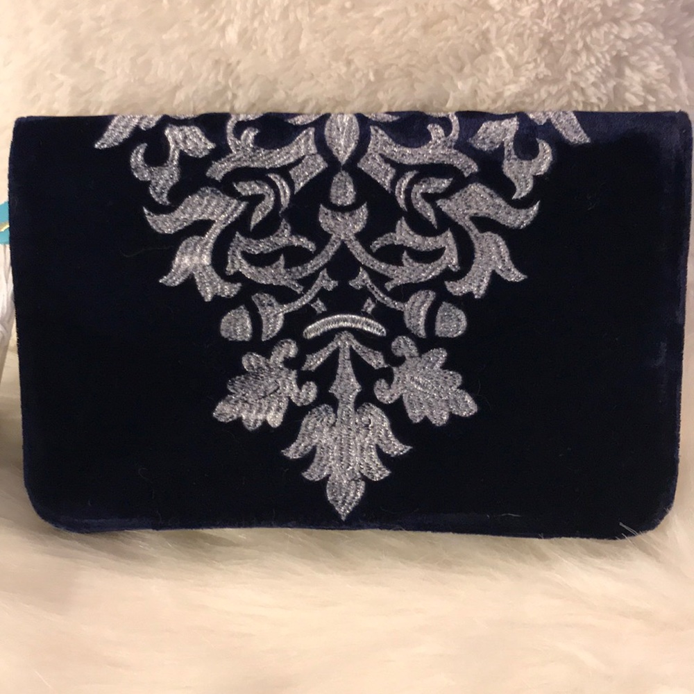 Blue and silver embroidered clutch